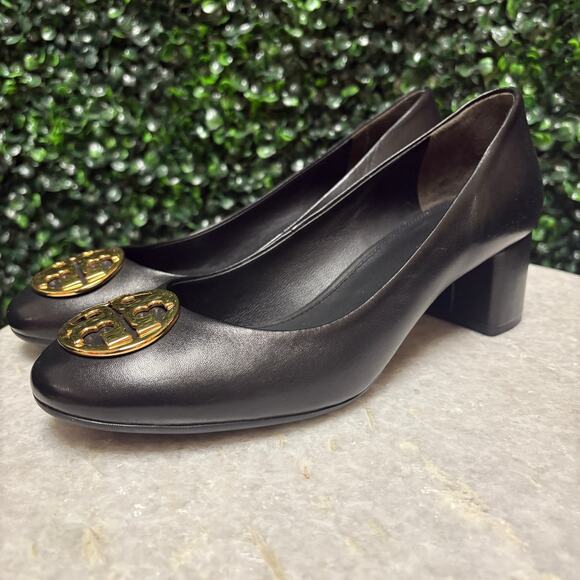 Tory Burch Chelsea pumps low block heel gold hardware black leather size 7 - Picture 2 of 10